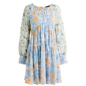BOGO! NWT J. Crew Floral Mixed Print Crinkle Chiffon Long Sleeve Dress Blue 2